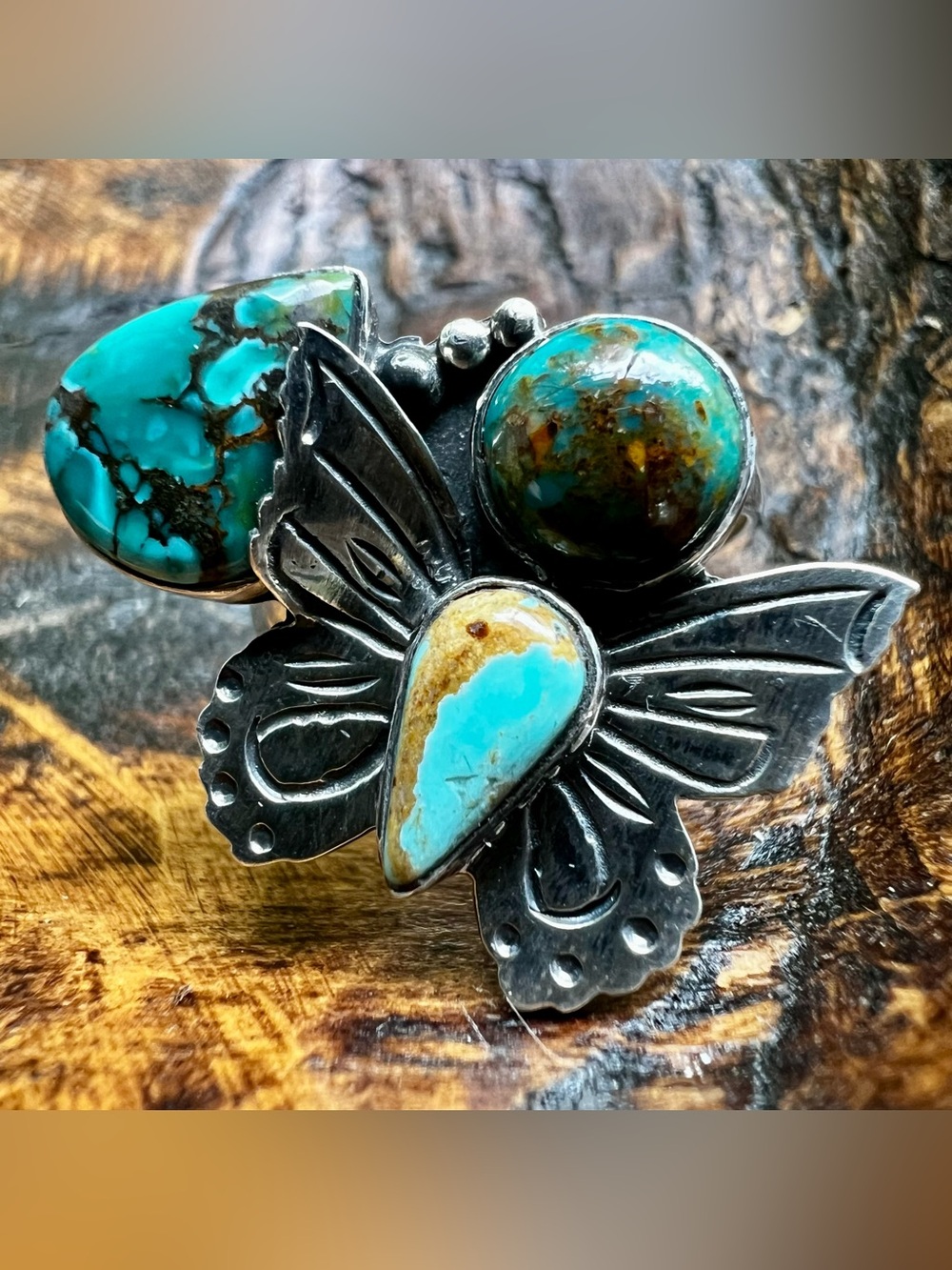 Kingman Turquoise Butterfly Ring Size 10 Sterling Silver Handmade Southwest